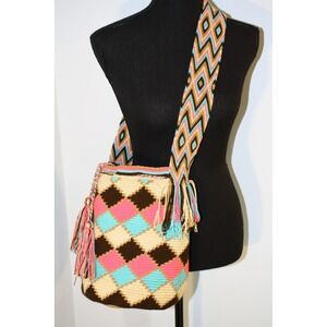 Boho Bucket Bag PINK TEAL BROWN Hippie Artsy Crossbody‎ Purse Macrame Tote Bag